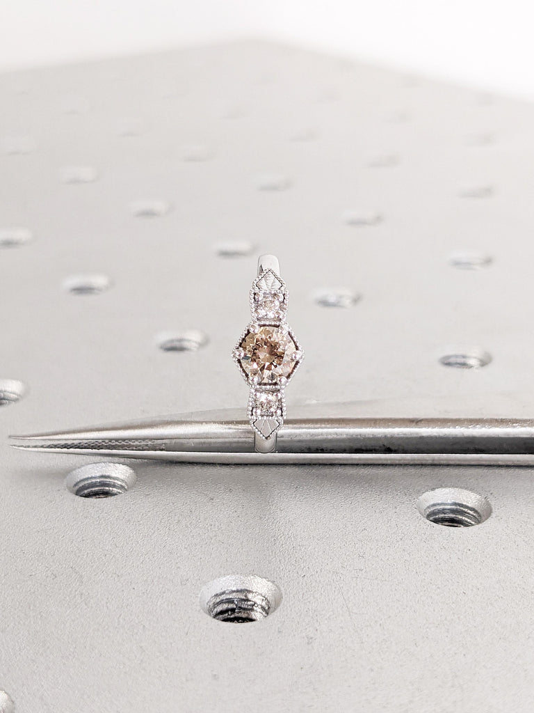 Vintage Champagne Diamond Ring, 14k Gold Engagement Ring, Unique Bridal Ring, Art Deco Diamond Ring, Promise Ring for Her, Anniversary Gift