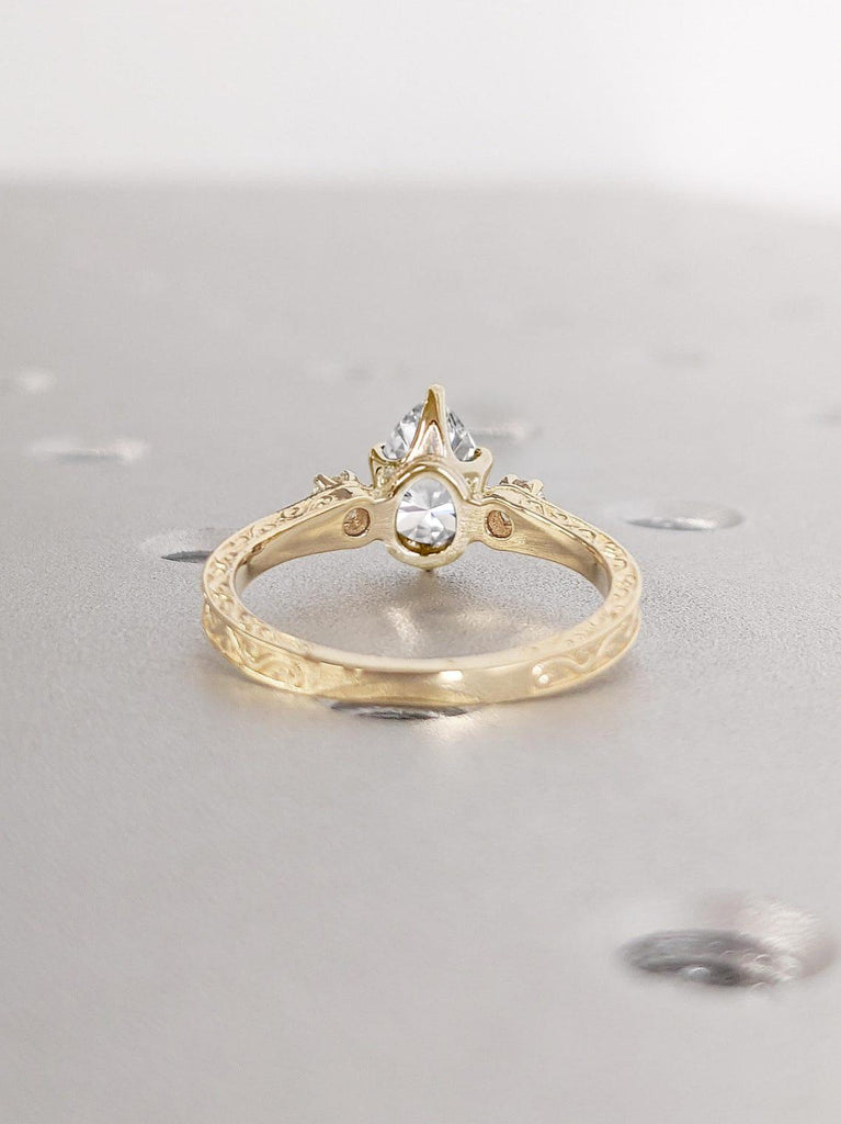 1, 2 Carat Pear cut CVD Diamond Vintage Engagement Ring | 18k Yellow Gold Rings for Women | Handmade Filigree Wedding Ring, Three Stone Ring