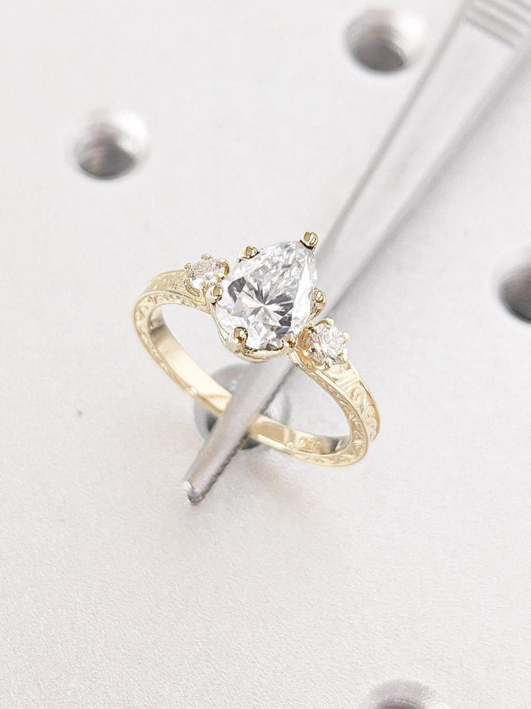 1 Carat Pear cut CVD Diamond Vintage Engagement Ring | 18k Yellow Gold Rings for Women | Handmade Filigree Wedding Ring