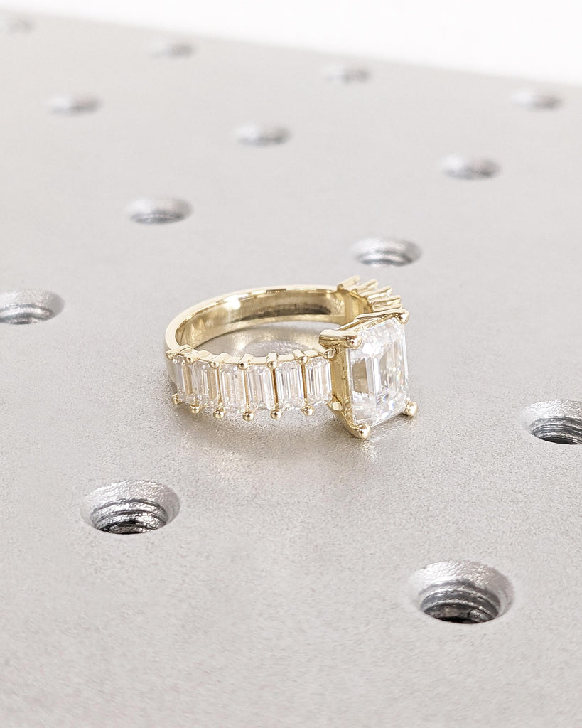 Emerald Cut Moissanite Engagement Ring, Baguette Moissanite Half Eternity Ring, Statement Ring for Her, 14K Solid Gold Vintage Art Deco Ring