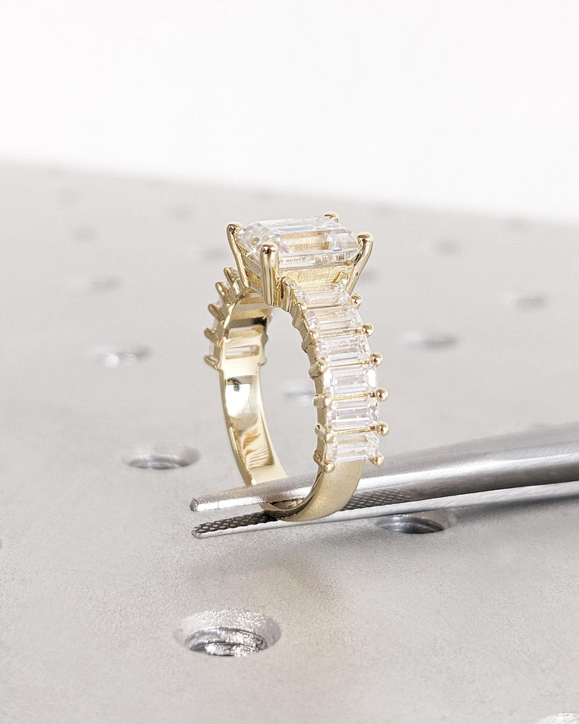 Emerald Cut Moissanite Engagement Ring, Baguette Moissanite Half Eternity Ring, Statement Ring for Her, 14K Solid Gold Vintage Art Deco Ring