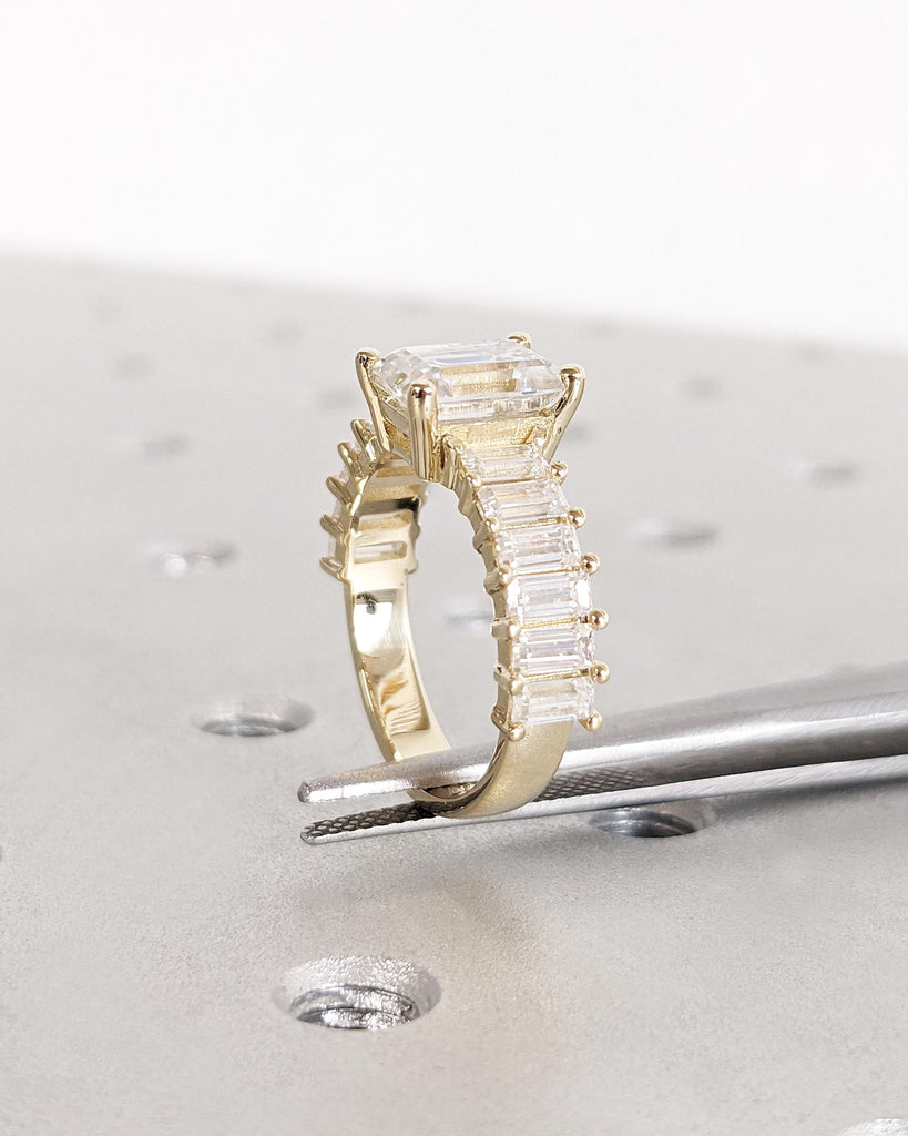 Vintage Moissanite Engagement Ring Emerald Cut Ring Moissanite Baguette Half Eternity Art Deco Statement Ring 14K Gold Promise Ring for Her
