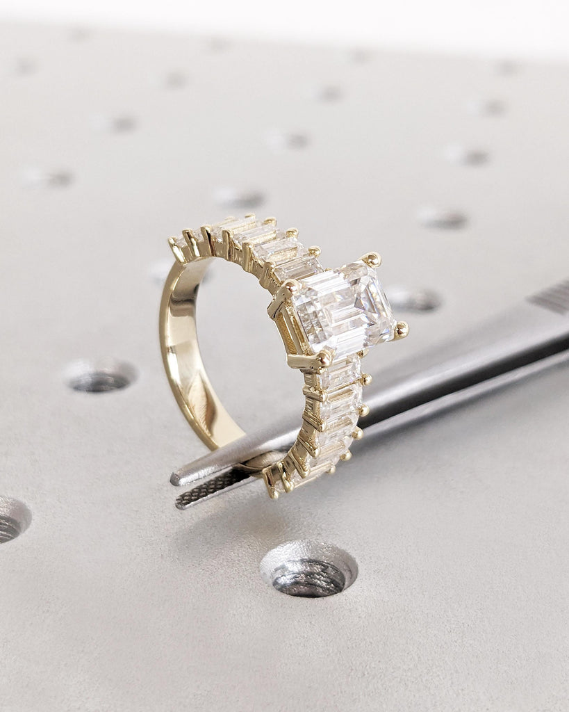 Emerald Cut Moissanite Engagement Ring, Baguette Moissanite Half Eternity Ring, Statement Ring for Her, 14K Solid Gold Vintage Art Deco Ring