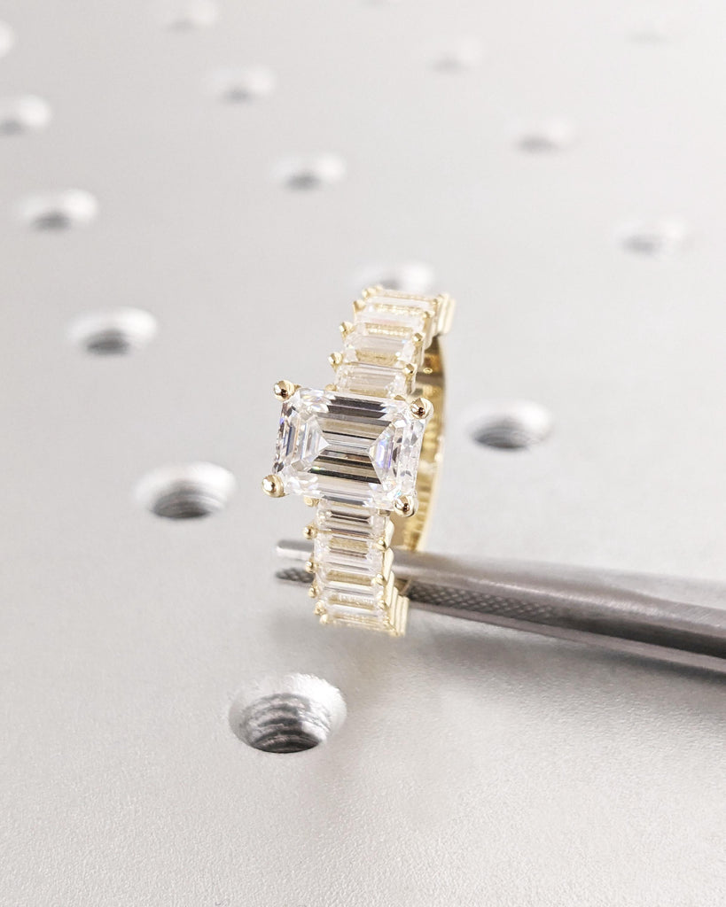 Emerald Cut Moissanite Engagement Ring, Baguette Moissanite Half Eternity Ring, Statement Ring for Her, 14K Solid Gold Vintage Art Deco Ring