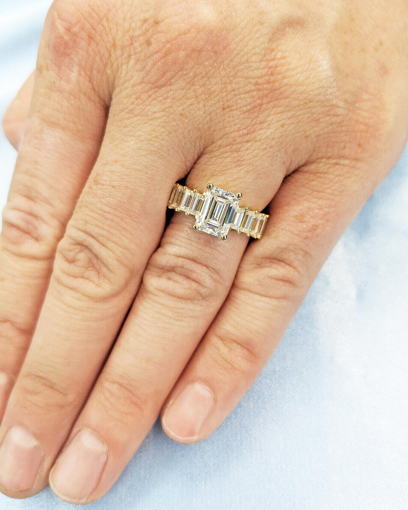 Emerald Cut Moissanite Engagement Ring, Baguette Moissanite Half Eternity Ring, Statement Ring for Her, 14K Solid Gold Vintage Art Deco Ring