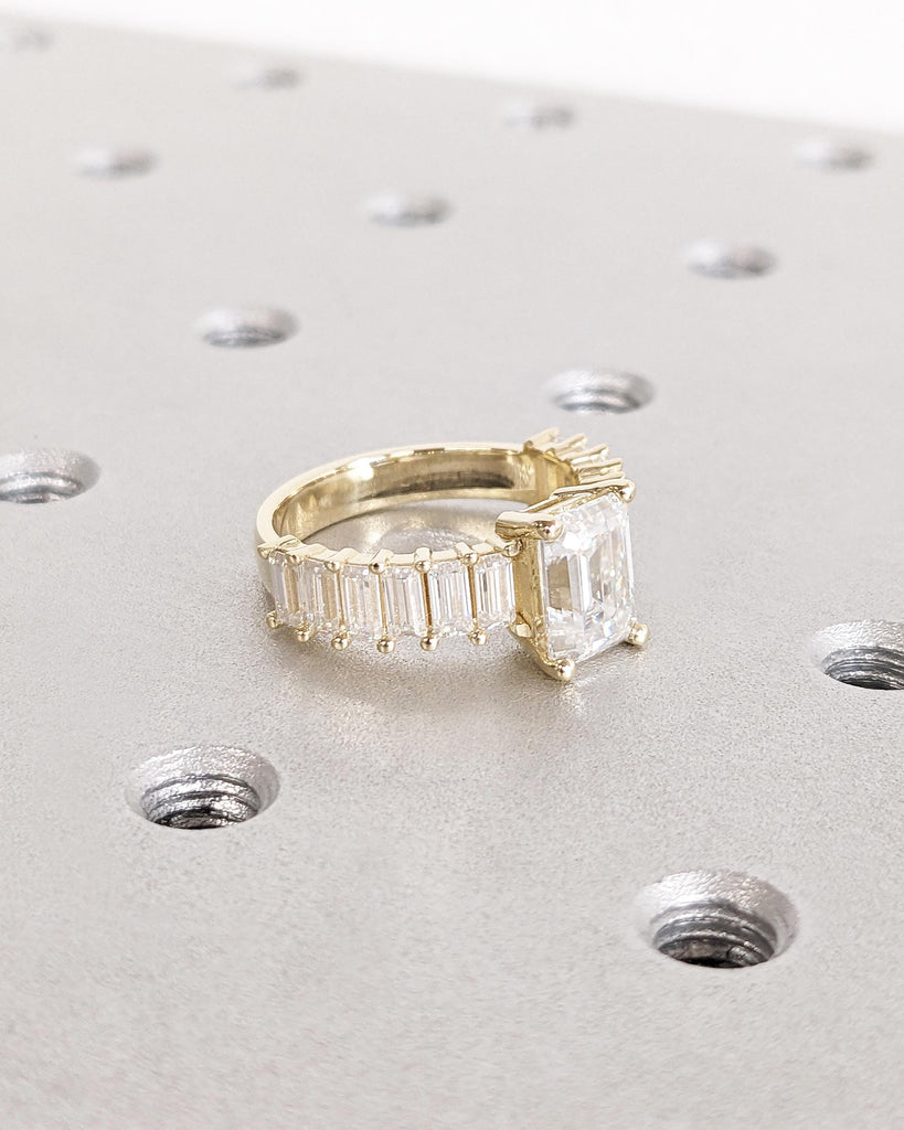 Emerald Cut Lab Grown Diamond Engagement Ring, Emerald Cut & Baguette, Moissanite Baguette Half Eternity Ring, Vintage Art Deco Promise Ring