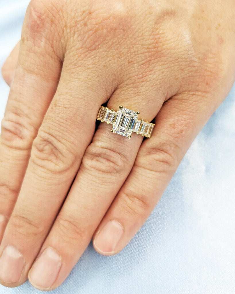 Emerald and Baguette Art Deco Promise Ring, Lab Grown Diamond Emerald Cut Ring, Moissanite Baguette Half Eternity Ring, 14K Gold Bridal Ring