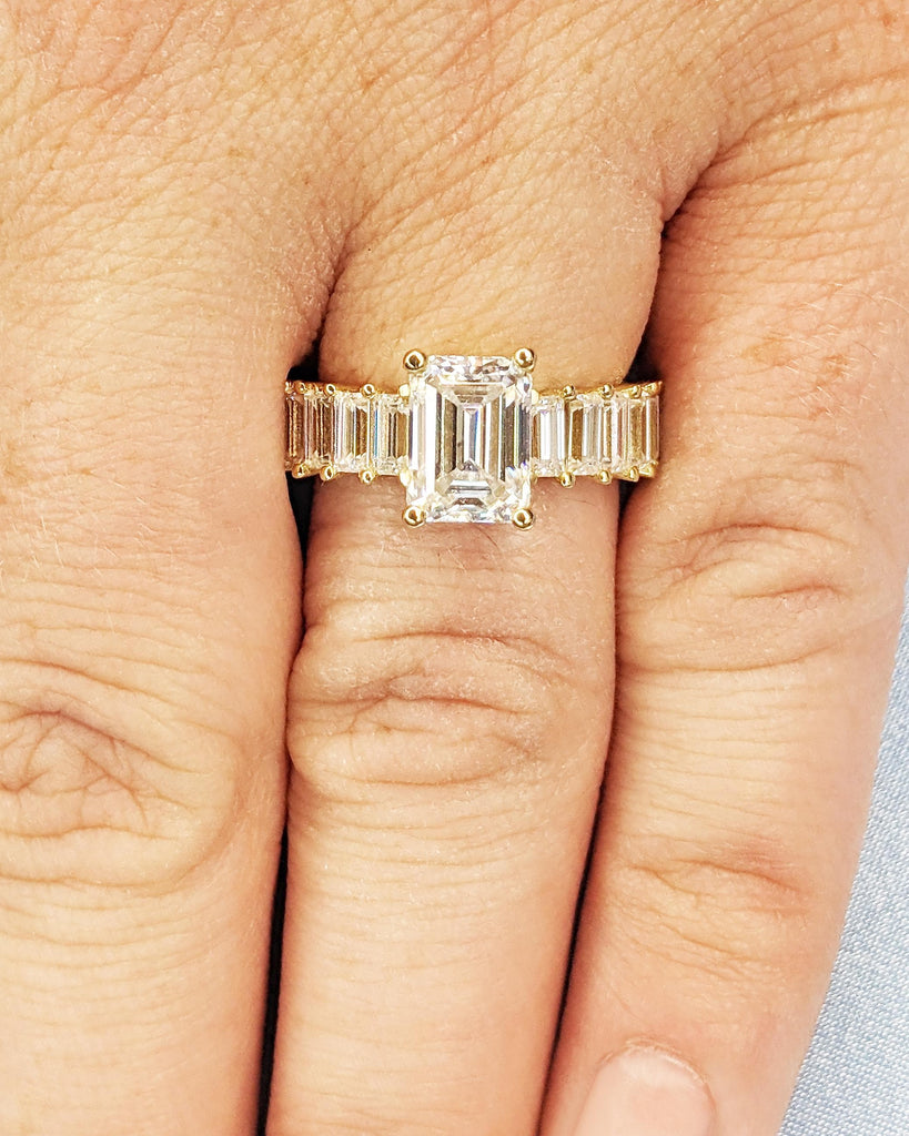 1.5ct Emerald Cut Lab Grown Diamond Engagement Ring, Emerald Cut & Baguette, Moissanite Baguette Half Eternity Vintage Art Deco Promise Ring