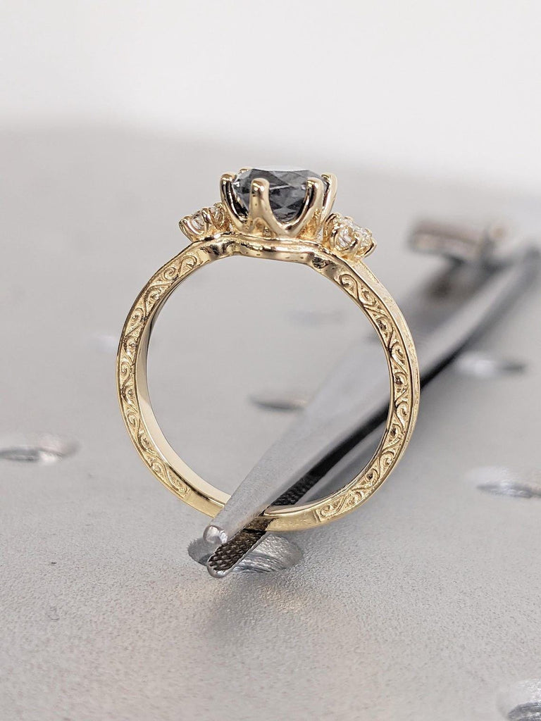 Raw Salt and Pepper Grey Diamond Engagement Ring in 18k Gold | Pear and Round cut Three Stone Ring | Yellow Gold Promise Ring | Gift for Her