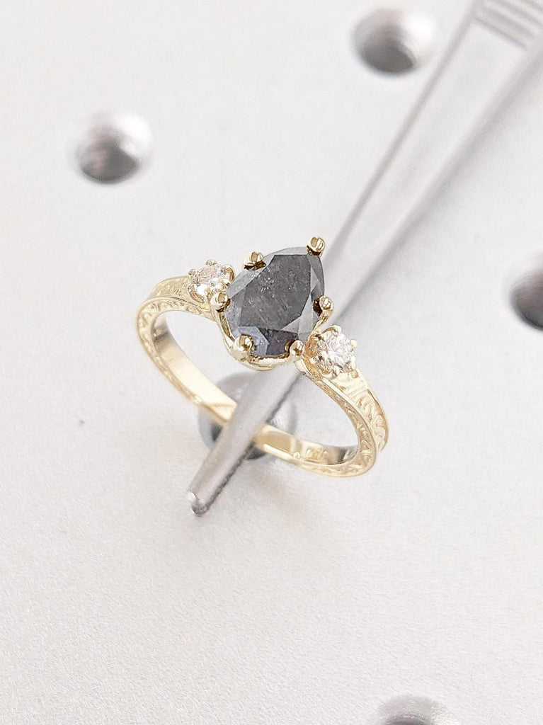 1ct Pear cut Natural Black Diamond Salt and Pepper Ring | 18k Yellow Gold Engagement Ring for Women | Vintage Filigree Wedding Band