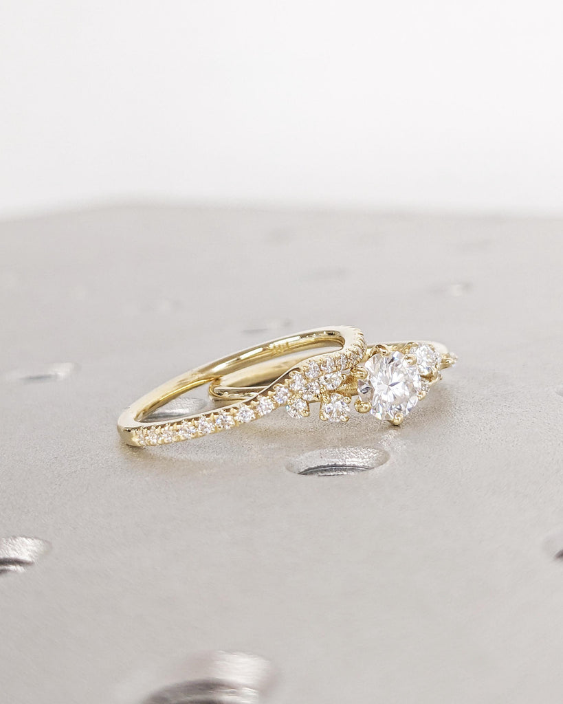 Round Lab Diamond Ring, Vintage Lab Diamond Engagement Ring Set, 14K Gold Unique Snowdrift 6 Prongs Engagement Ring Diamond Wedding Ring Set