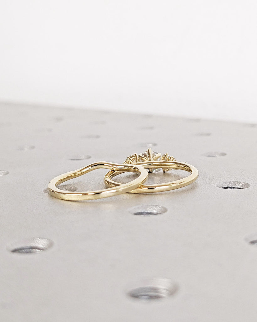 Round Lab Diamond Ring, Vintage Lab Diamond Engagement Ring Set, 14K Gold Unique Snowdrift 6 Prongs Engagement Ring Diamond Wedding Ring Set
