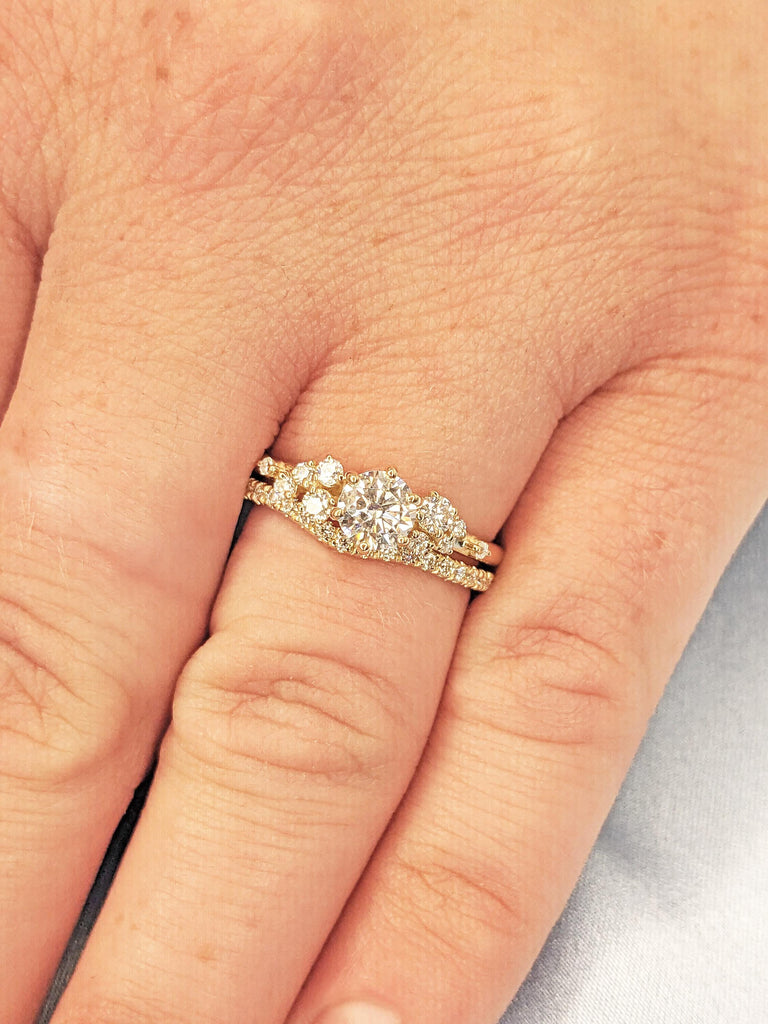 Vintage Round Lab Grown Diamond 14K Yellow Gold Engagement Ring Set, Unique Snowdrift 6 Prong Diamond Cluster Promise Ring Set, Ring for Her