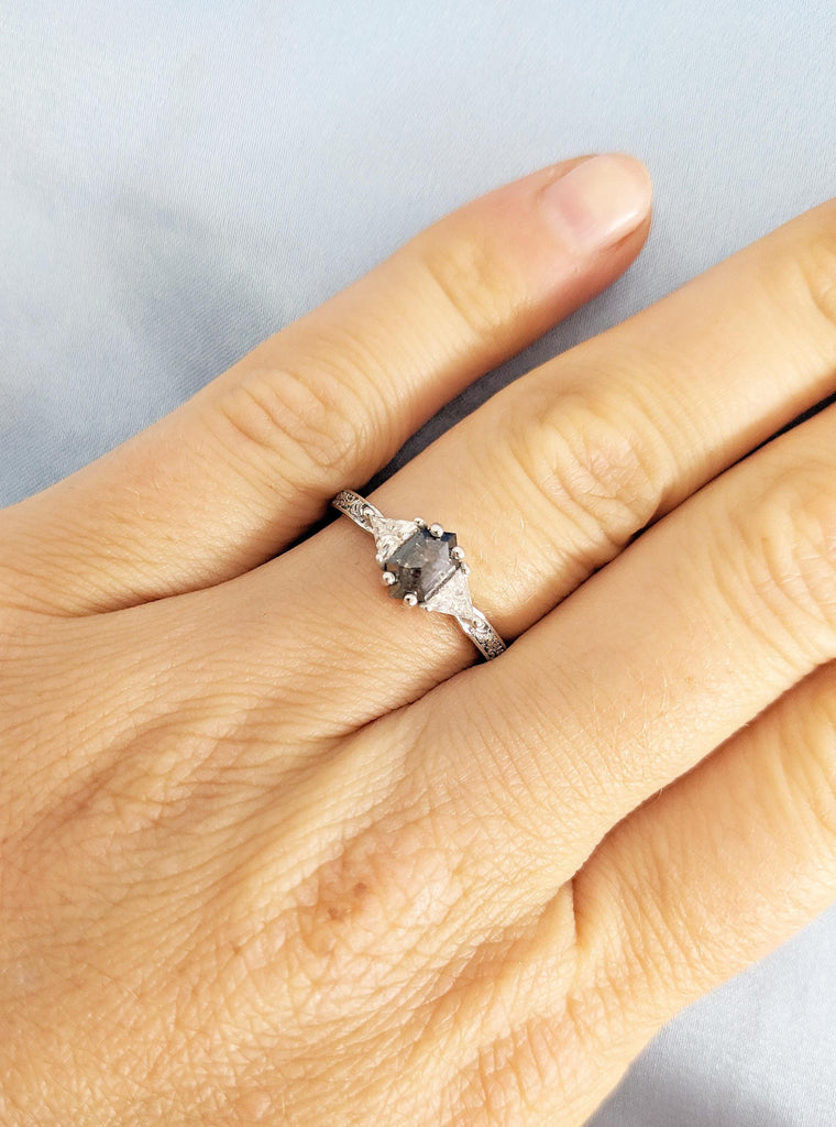 Hexagon Cut Salt and Pepper Diamond Ring, Filigree 14k White Gold Ring