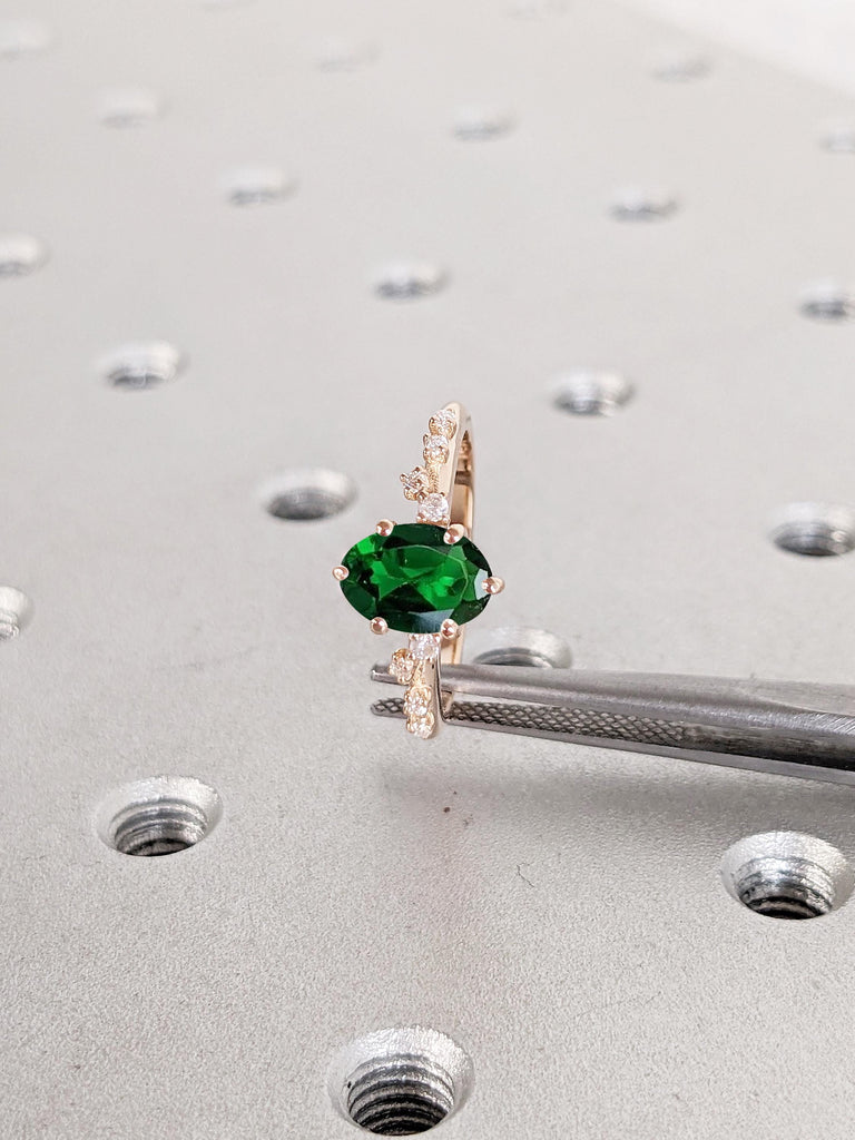 Oval Engagement Ring, Rose Gold Ring, Vintage Lab Emerald Ring