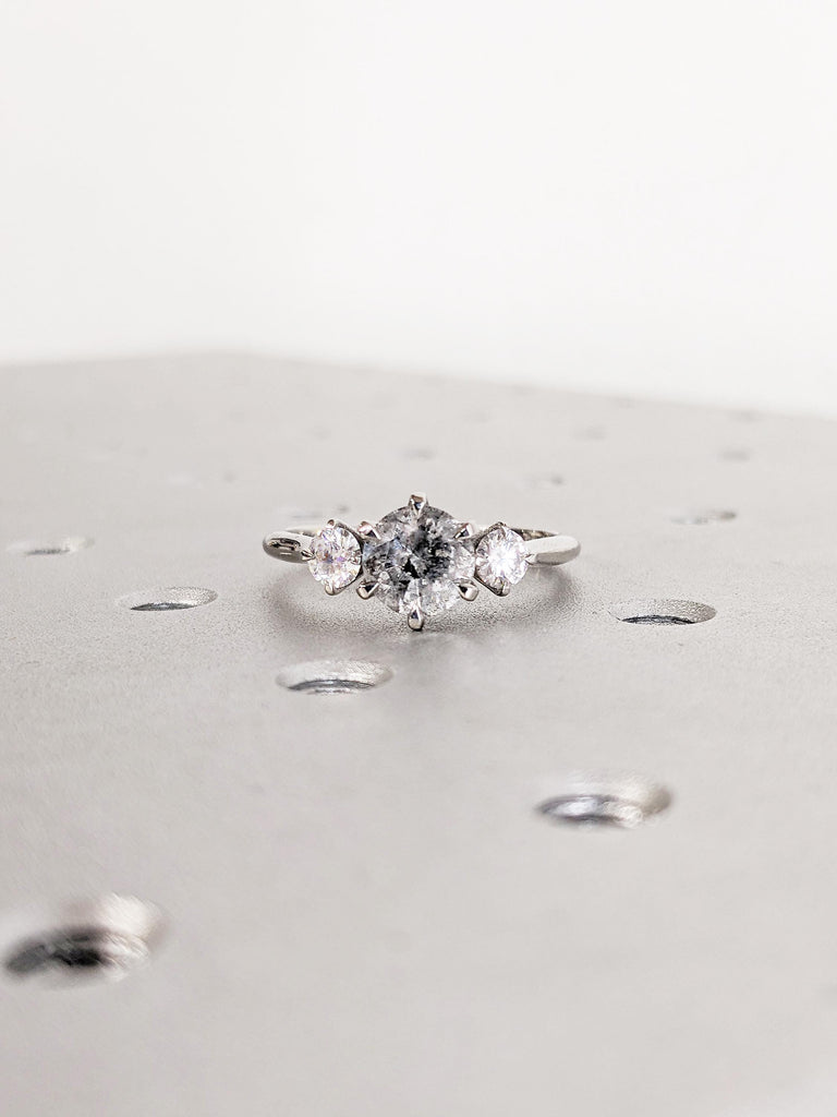 Unique Wedding Rings for Women, Salt and Pepper Diamond Engagement Ring, Polished Ring, Dainty Platinum Ring, Gift for Wife, Handmade Ring