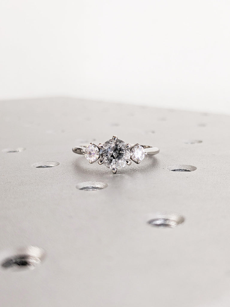 Art Deco Salt and Pepper Diamond Ring | Polished Finished Platinum Engagement Ring | Vintage 3 Stone Ring | Moissanite and Grey Diamond Ring