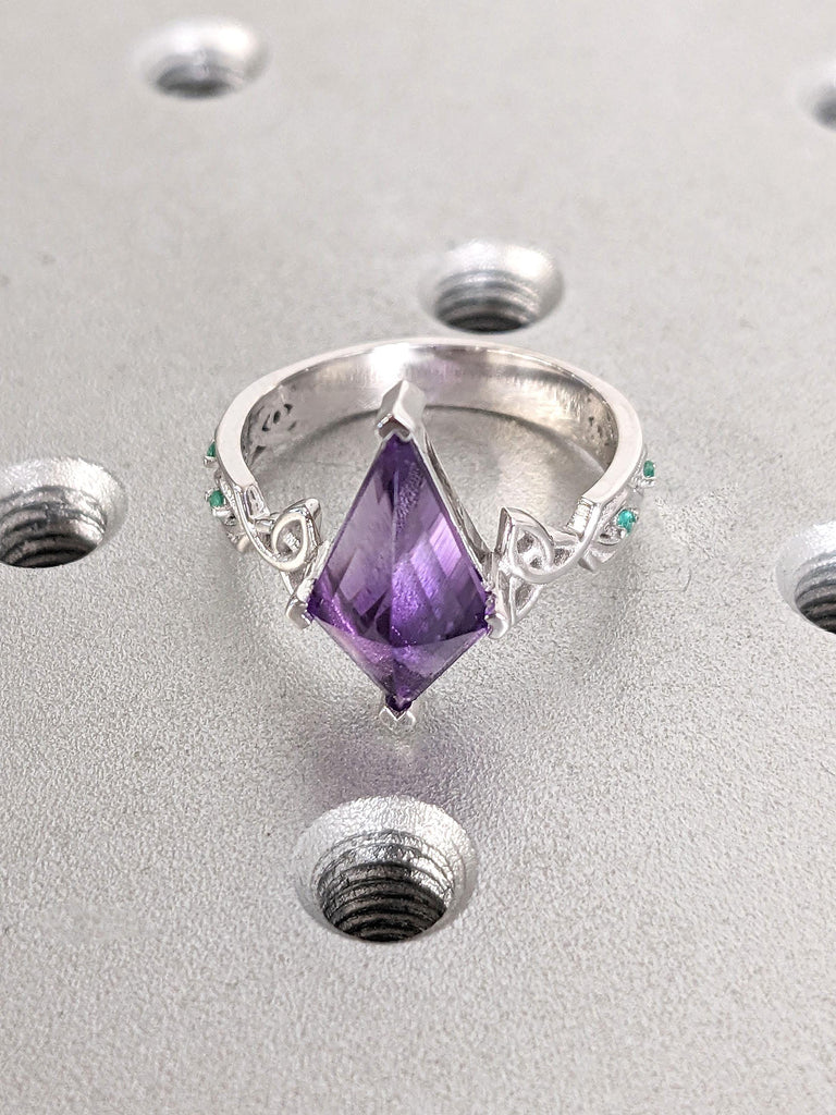Amethyst Ring | Vintage Kite cut Amethyst Engagement Ring | 14k White Gold Celtic Knot Wedding Ring Women | February Birthstone Ring Gift
