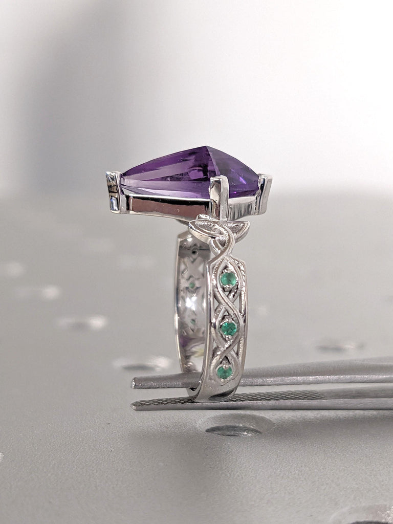 Purple Amethyst, Green Emerald, Celtic Knot Engagement Ring | Unique Vintage Ring | Gold Rings for Women