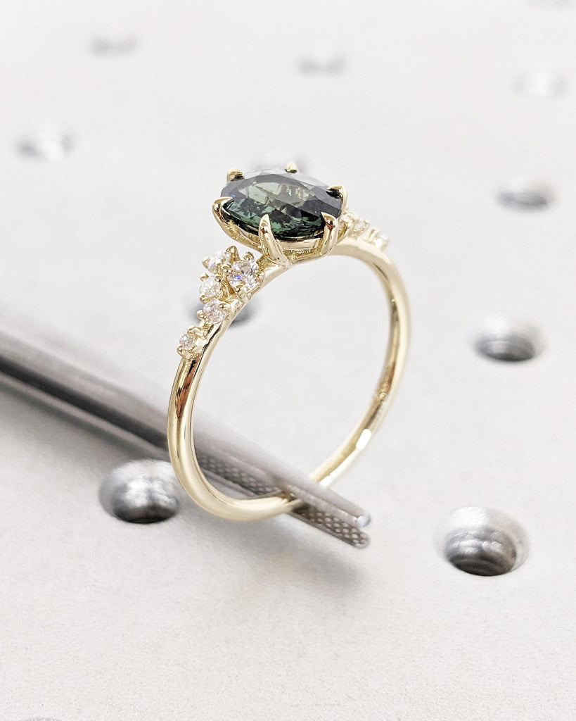 Blue Green Peacock Sapphire Ring | 1.5ct Oval Teal Sapphire Ring | 14K 18K Gold Sapphire Engagement Ring | Diamond Cluster Anniversary Ring