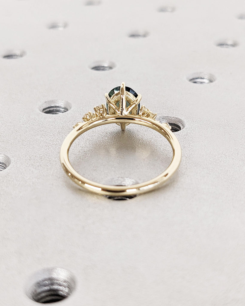 Blue Green Sapphire Ring, Peacock Engagement Ring, 1.5ct Oval Teal Sapphire Ring, Yellow Gold Engagement Ring, Art Deco Cluster Diamond Ring