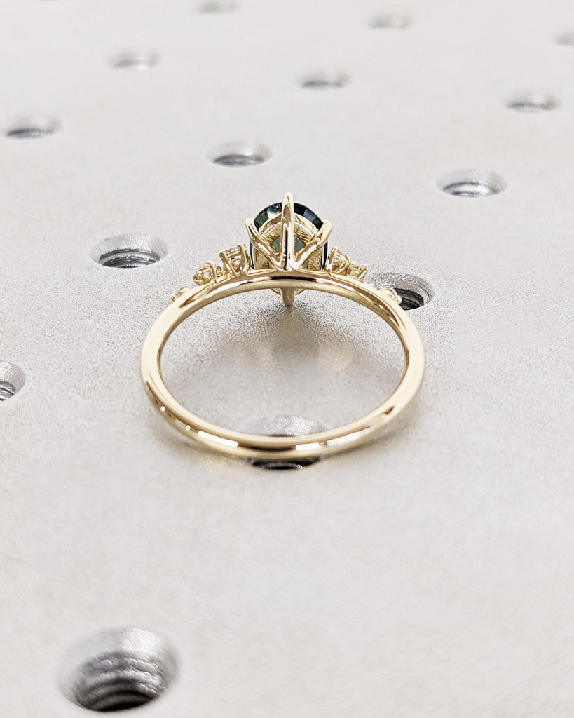 Blue Green Peacock Sapphire Ring | 1.5ct Oval Teal Sapphire Ring | 14K 18K Gold Sapphire Engagement Ring | Diamond Cluster Anniversary Ring