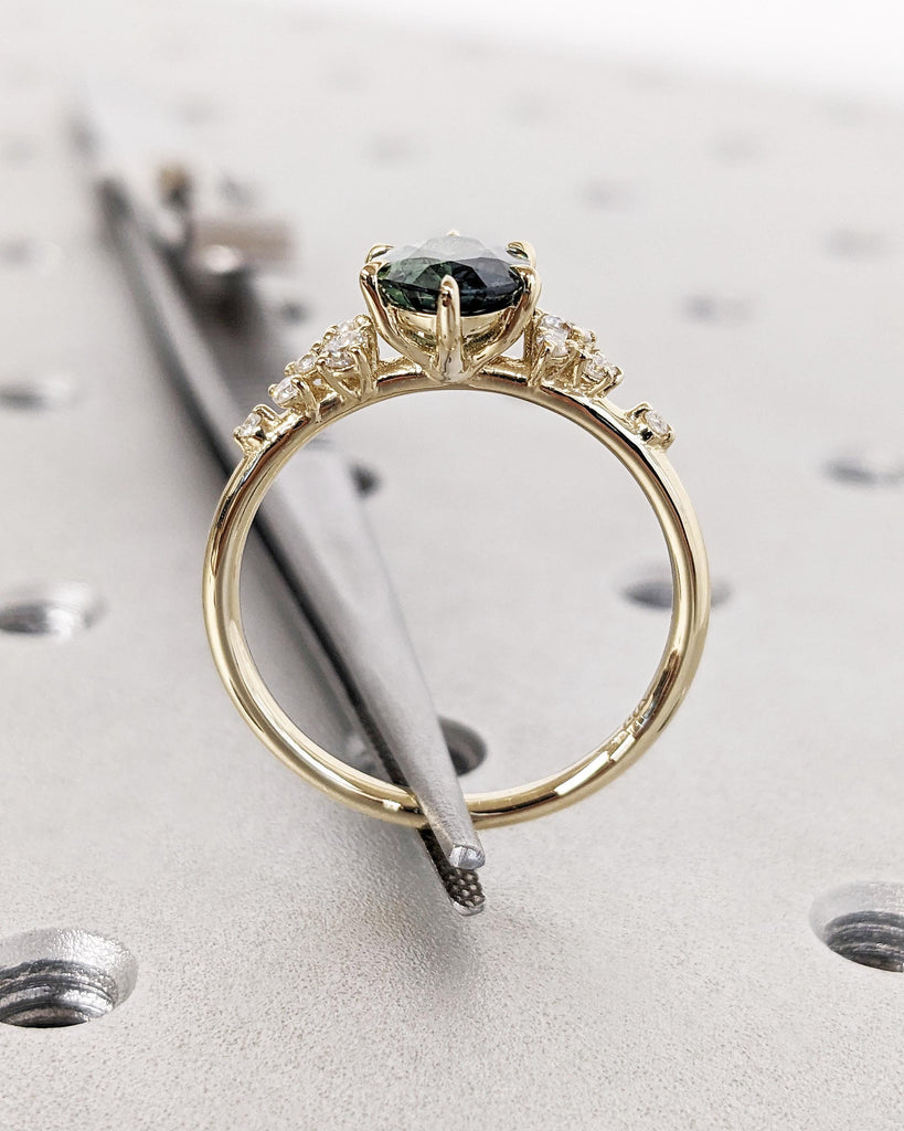 Blue Green Peacock Sapphire Ring | 1.5ct Oval Teal Sapphire Ring | 14K 18K Gold Sapphire Engagement Ring | Diamond Cluster Anniversary Ring