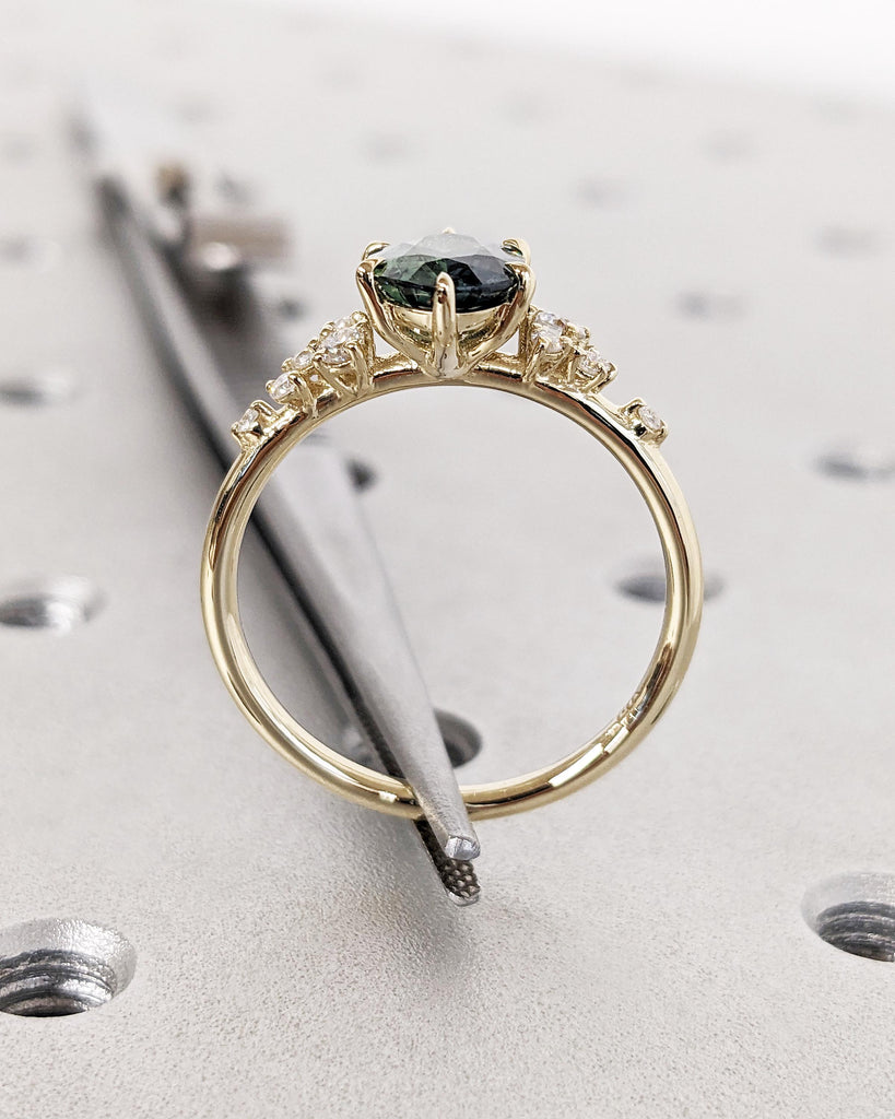 Blue Green Sapphire Ring, Peacock Engagement Ring, 1.5ct Oval Teal Sapphire Ring, Yellow Gold Engagement Ring, Art Deco Cluster Diamond Ring
