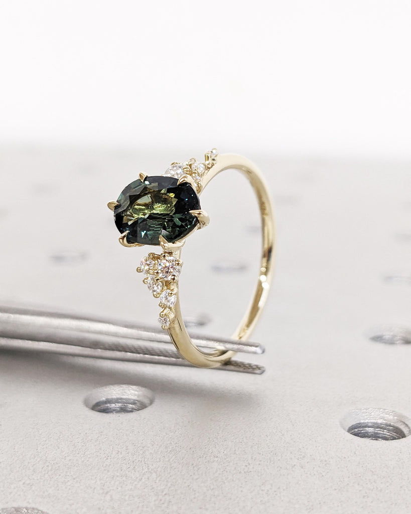Blue Green Sapphire Ring, Peacock Engagement Ring, 1.5ct Oval Teal Sapphire Ring, Yellow Gold Engagement Ring, Art Deco Cluster Diamond Ring