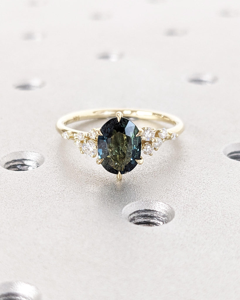 Blue Green Sapphire Ring, Peacock Engagement Ring, 1.5ct Oval Teal Sapphire Ring, Yellow Gold Engagement Ring, Art Deco Cluster Diamond Ring