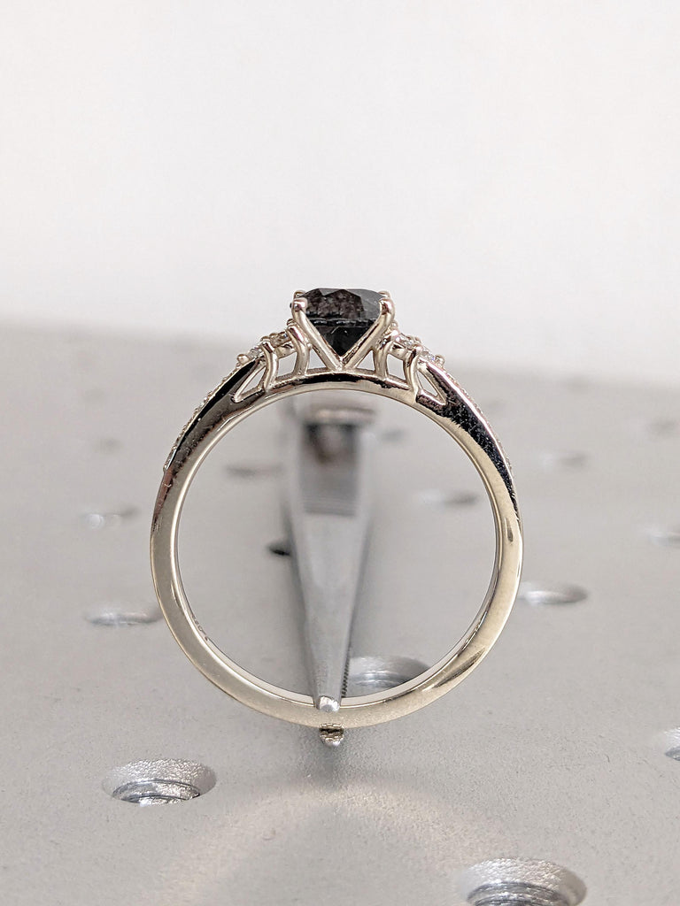 Natural Salt and Pepper Black Diamond White Gold Engagement Ring | Round Small Diamond Cluster Half Eternity Band | Diamond Rings for Women