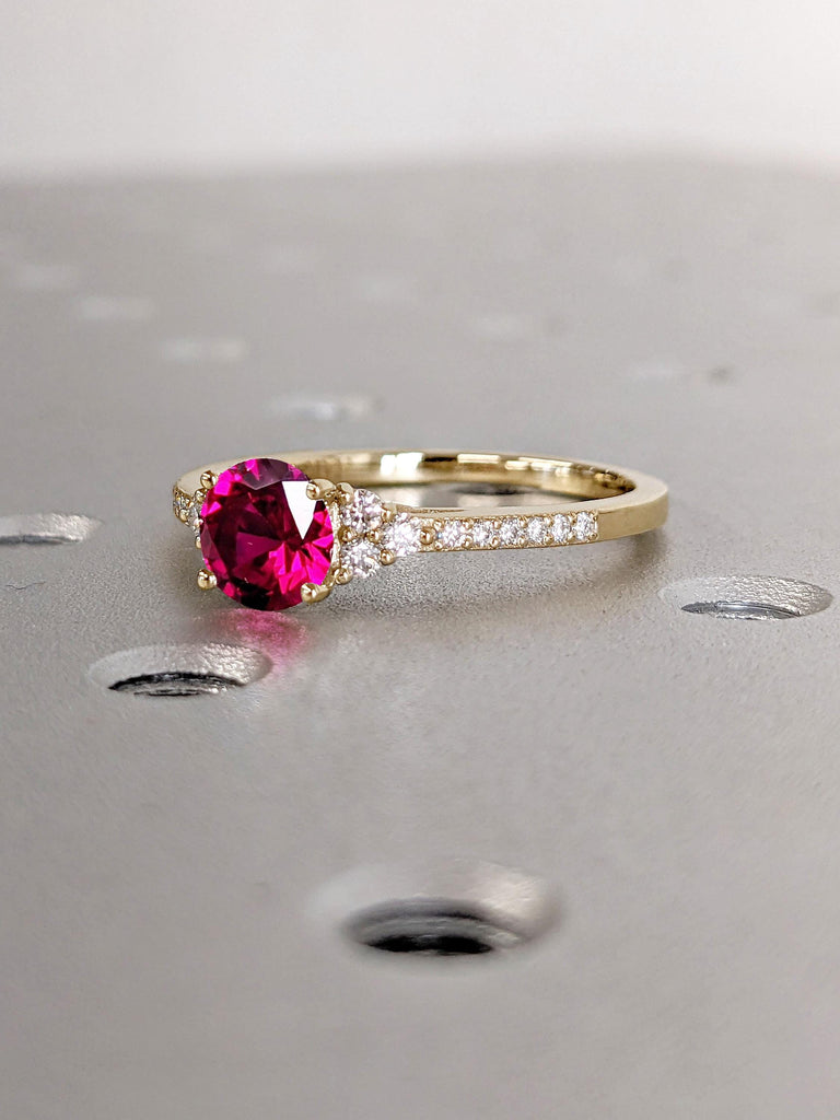 Delicate Engagement Ring | Solid Yellow Gold Ruby Ring | Paved Tiny Moissanite Half Eternity Band | Wedding Anniversary Ring Gift for Wife