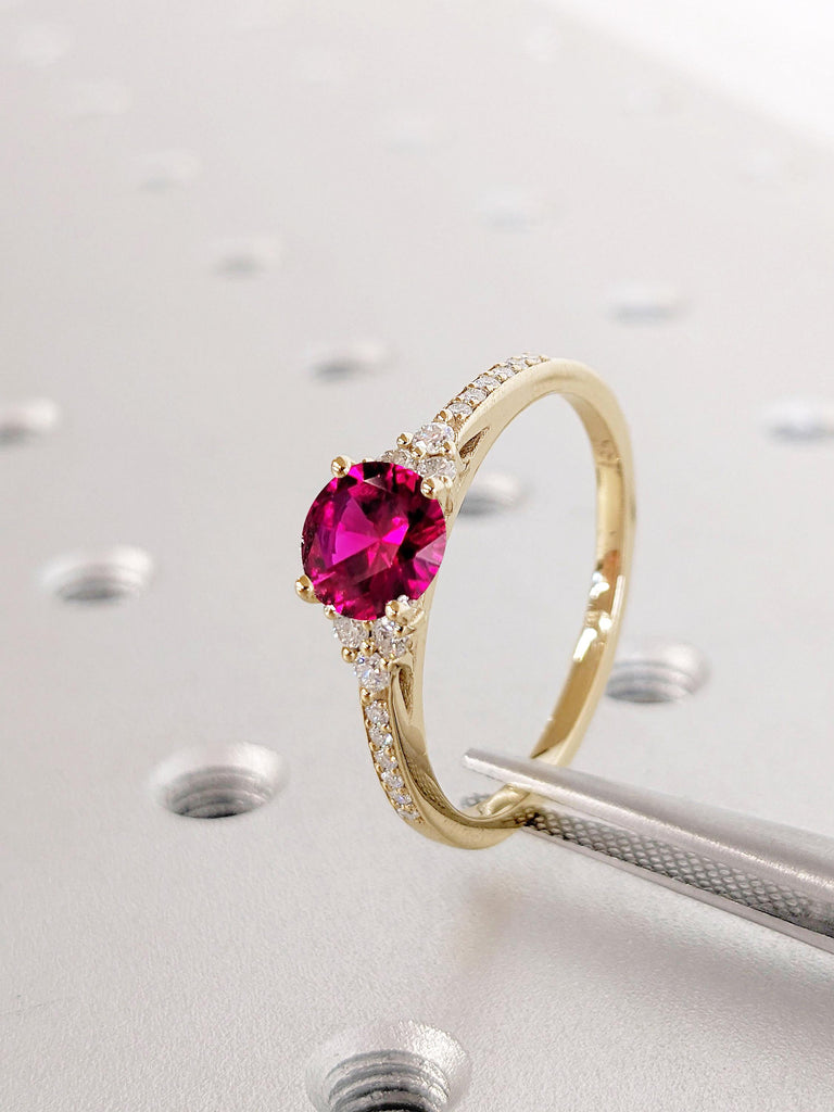 Red Ruby and Diamond Cluster Promise Ring | July Birthstone Gemstone Engagement Ring | 1ct, 1.5 Carat Round Ruby 14k Gold Rings for Women