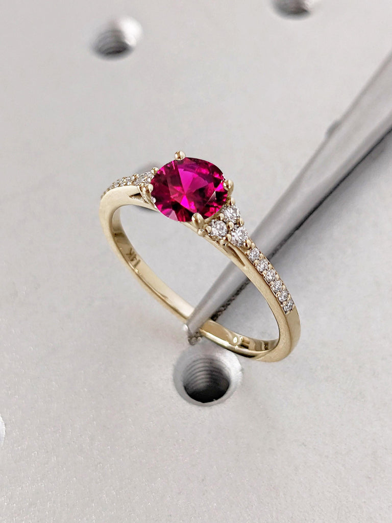 Round cut Ruby Engagement Ring | Paved Tiny Moissanite Half Eternity Band | 14k 18k Gold Wedding Ring