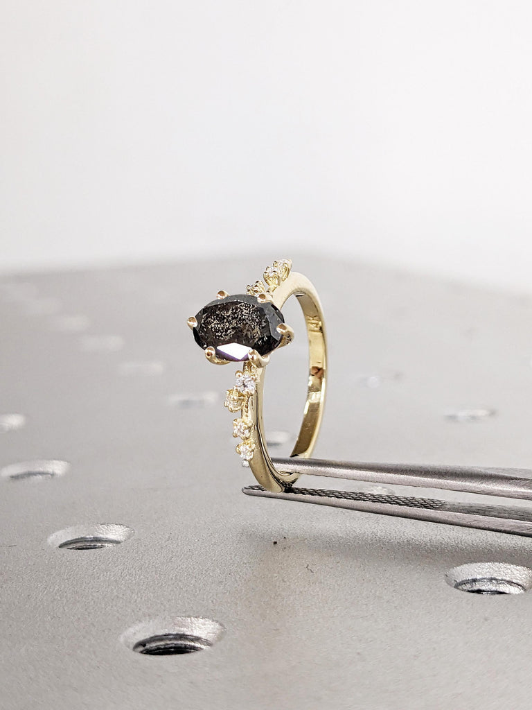 Oval Salt and Pepper Engagement Ring, 14k Gold Engagement Ring
