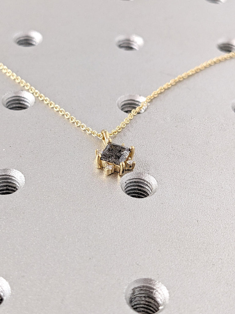 Unique Princess Cut Salt and Pepper Galaxy Diamond Necklace | 18k Yellow Gold Celestial Charm Necklace | Halo Diamond Pendant Gift for Women