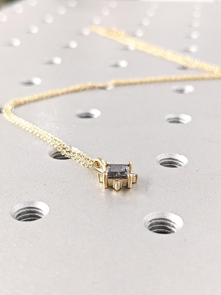 Unique Princess Cut Salt and Pepper Galaxy Diamond Necklace | 18k Yellow Gold Celestial Charm Necklace | Halo Diamond Pendant Gift for Women