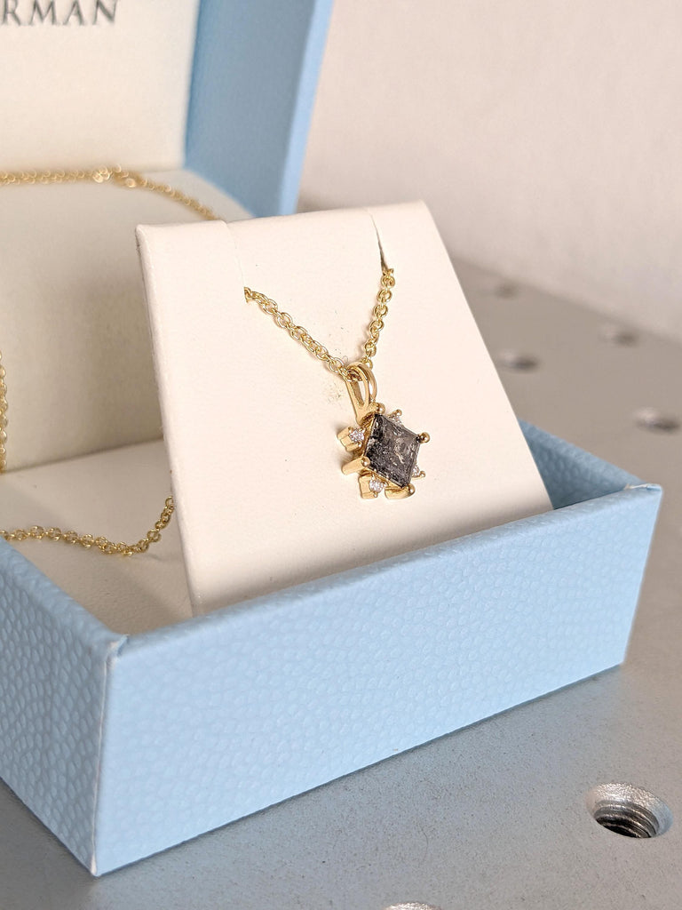 Genuine Diamond Square Pendant Woman Gold Necklace | Dainty Salt and Pepper Black Diamond and Moissanite Halo Necklace | Anniversary Gift
