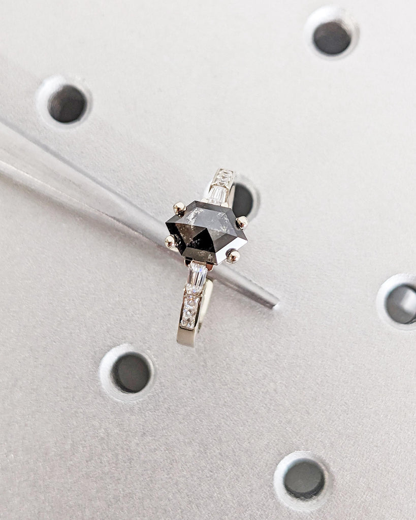 Galaxy Salt and Pepper Diamond Ring / Hexagon Ring / Geometric Diamond Promise Ring / Tapered Diamond Baguettes / White Gold Engagement Ring