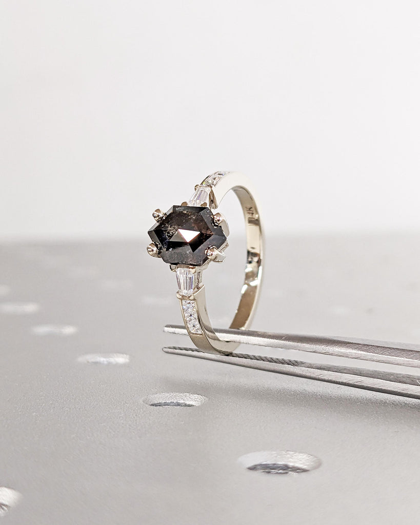 Galaxy Salt and Pepper Diamond Ring / Hexagon Ring / Geometric Diamond Promise Ring / Tapered Diamond Baguettes / White Gold Engagement Ring
