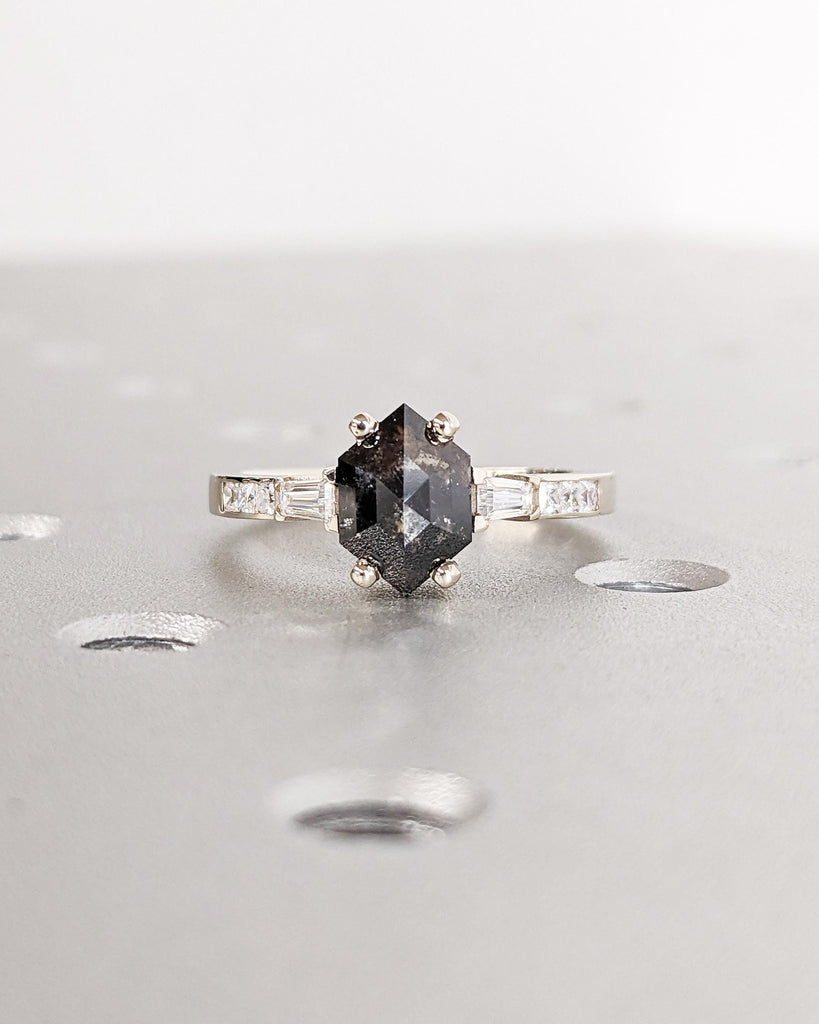 Galaxy Salt and Pepper Diamond Ring, Hexagon Ring, Geometric Diamond Promise Ring with Tapered Diamond Baguettes, White Gold Engagement Ring for Women