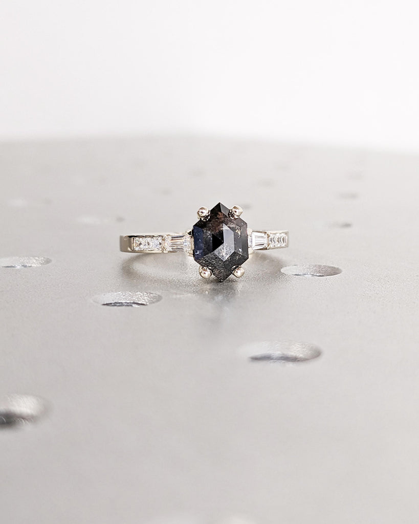 Dainty Hexagon Salt and Pepper Diamond Engagement Ring, Vintage White Gold Diamond Promise Ring for Her, Tapered Baguettes, Anniversary Gift
