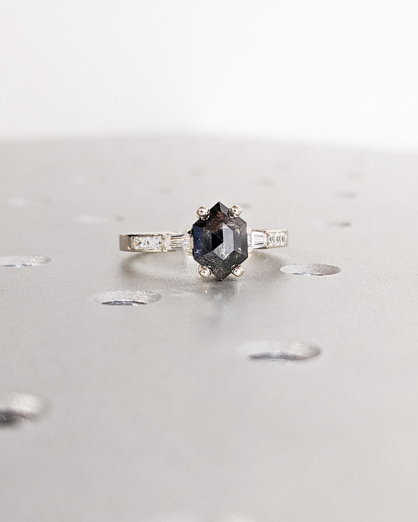 Galaxy Salt and Pepper Diamond Ring / Hexagon Ring / Geometric Diamond Promise Ring / Tapered Diamond Baguettes / White Gold Engagement Ring
