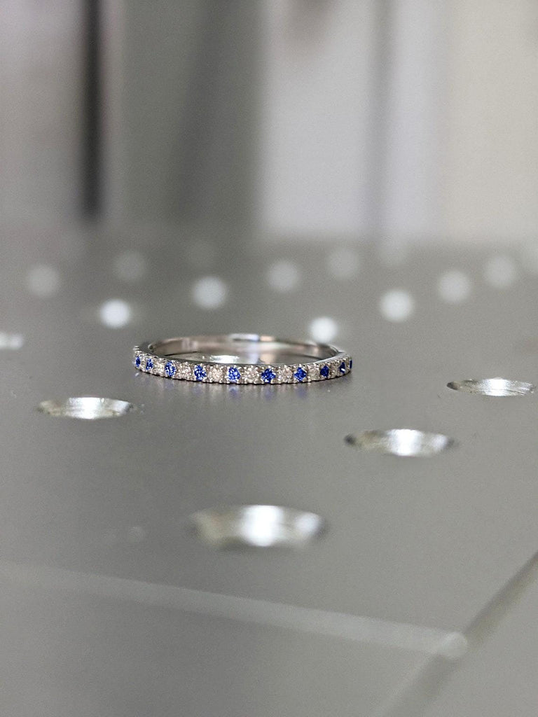 Diamond and Blue Sapphire Pave Band/ 1.6mm Half Eternity Alternating Sapphire Diamond Stack Ring/ September Birthstone Anniversary Ring