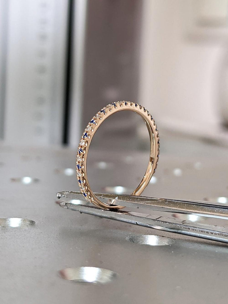 Tiny Diamond and Blue Sapphire Pave Band | 1.4mm Half Eternity Alternating Sapphire Diamond Ring | September Birthstone Anniversary Ring