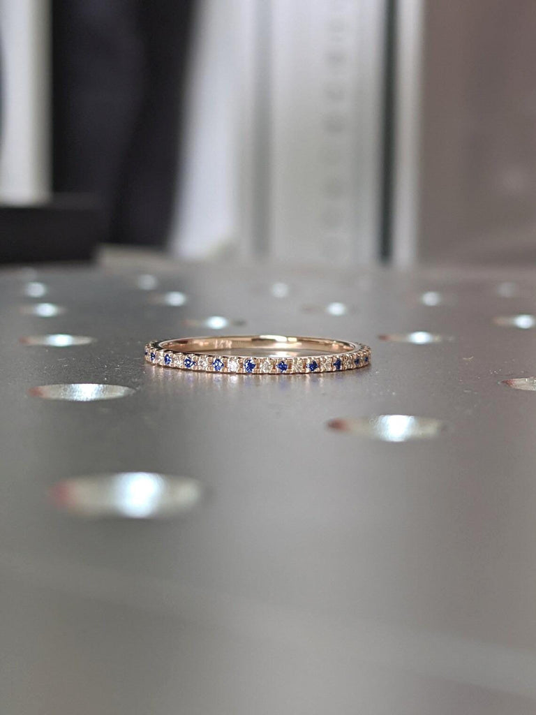 14k Rose Gold Eternity Ring for Women | Natural Sapphire and Lab Diamond Wedding Band | Blue Gemstone Thin Stacking Ring Sapphire Ring