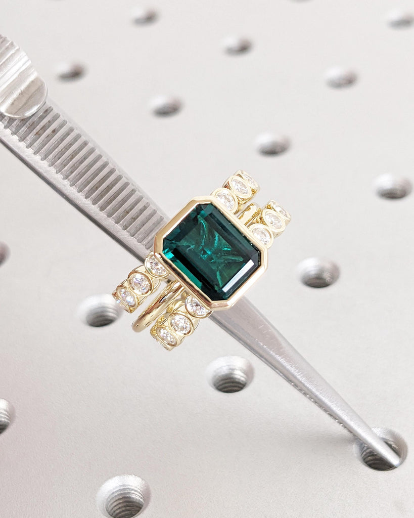 Emerald Cut Lab Emerald Engagement Ring Set, 14K Gold Promise Ring Set 3pcs Bridal Wedding Set, Bezel Rings, Moissanite Eternity Bands Stack