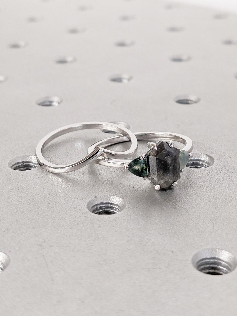 Hexagon Cut Salt and Pepper Diamond Wedding Ring Set, White Gold Ring, Green Moss Agate Ring, Bridal Set Ring, Gold Engagement Ring for Her