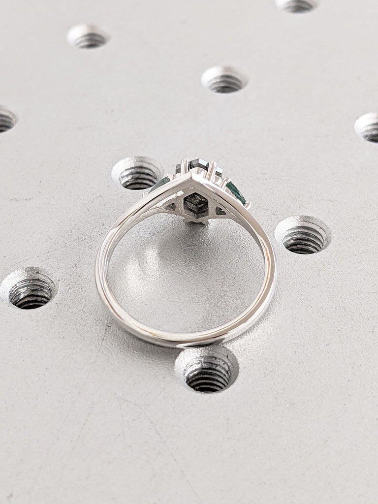 Hexagon Cut Salt and Pepper Diamond Wedding Ring Set, White Gold Ring, Green Moss Agate Ring, Bridal Set Ring, Gold Engagement Ring for Her