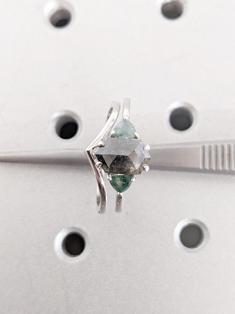 Hexagon Cut Salt and Pepper Diamond Wedding Ring Set, White Gold Ring, Green Moss Agate Ring, Bridal Set Ring, Gold Engagement Ring for Her